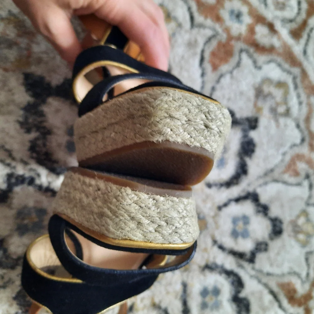 Cole Haan Navy and Tan Espadrille Wedge Sandals